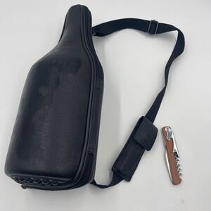 CaddyO Black Leather Wine Bottle Carrier Bag Case Sling Strap Corkscrew Holder